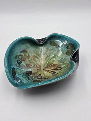 Unique Vintage Studio Art Glass Freeform Bowl Turquoise Black Millefiori Style