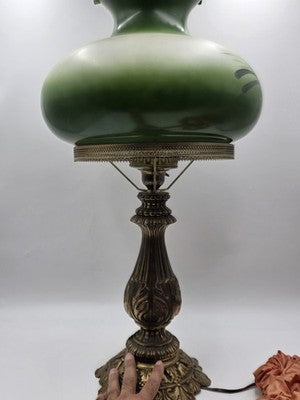 Antique Victorian Style Hurricane Lamp Electric Floral Shade Ornate Brass Base