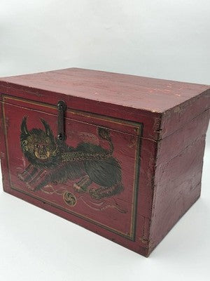 Rare XL Antique 19th C Distressed Tibetan Style Foo Dog Lion Storage Chest Box.