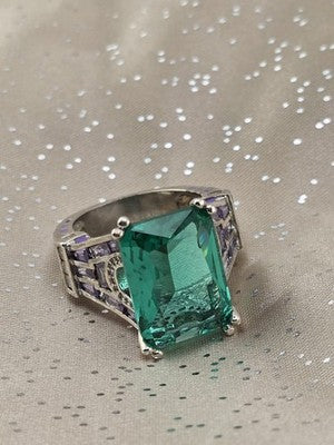 Vtg Paris Eiffel Tower Style Green Stone Purple Enamel Statement Cocktail Ring