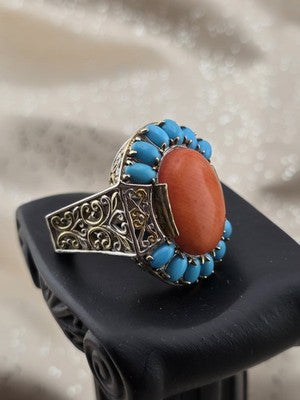 Rare 925 Sterling Silver Coral Turquoise Filigree Statement Ring Artisan Size 9
