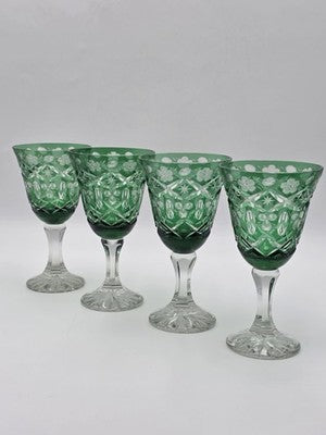 Set Of 4 Vintage Bohemian Czech Emerald Green Cut Crystal Wine Goblets. 7.75".