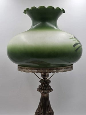 Antique Victorian Style Hurricane Lamp Electric Floral Shade Ornate Brass Base