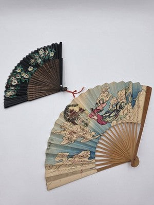 Pair Of Chinese Fan Immortals Hand Colored Silk Carved Wood 24" Calligraphy Back