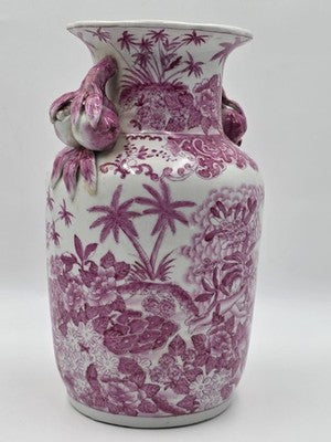 Vintage Chinese Porcelain Pink Chinoiserie Vase w Pommegranate Flowered Handles