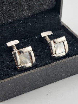 Rare Vintage Hugo Boss - Silver-Tone Mother-of-Pearl Cufflinks - Original Box.