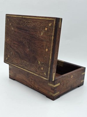 RARE ANTIQUE 19th C COLONIAL ROSEWOOD & FULL BRASS INLAY JEWELRY BOX.