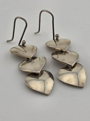 Rare Antique Taxco TR-60 Mexico Sterling Silver Triple Heart Earrings