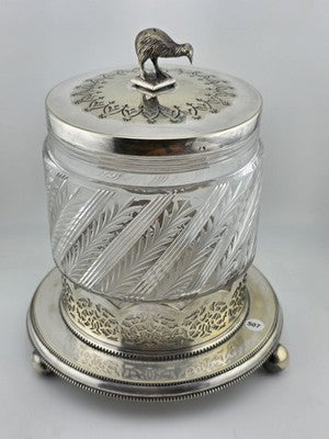 Rare 1880s Antique Hukin & Heath Biscuit Jar Cut glass & Silverplate W Kiwi Bird