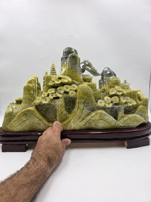 Huge 20.5" China Natural Yellow Green Xiu Jade Carved Mountain House Tree Statue