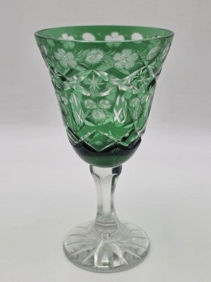 Set Of 4 Vintage Bohemian Czech Emerald Green Cut Crystal Wine Goblets. 7.75".