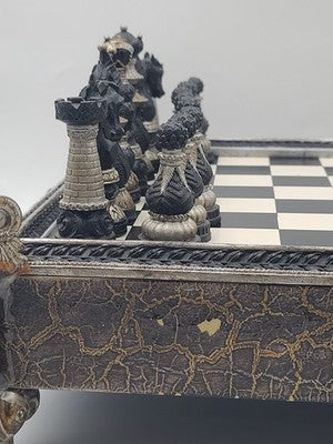 Rare Vintage Large Renaissance Style Resin Chess Set w Drawer Medieval Board 16”
