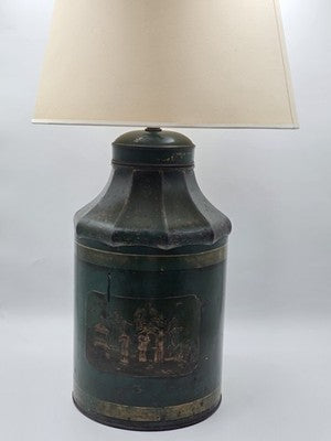 ULTRA RARE 19TH C. HAND PAINTED ENGLISH CHINOISERIE GREEN TOLE TEA CANISTER LAMP