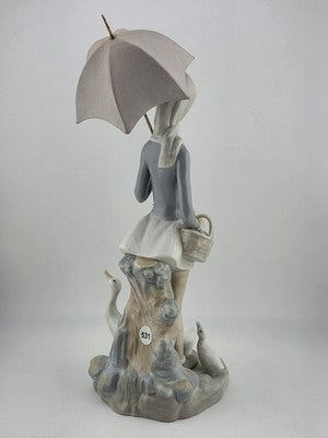 Lladro Figurine GIRL WITH UMBRELLA BASKET FEEDING DUCKS  #4510 Retired