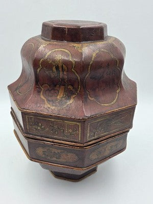 Early 19th C Chinese Qing Dynasty Red Lacquer Wedding Gift Basket Gilt Figures