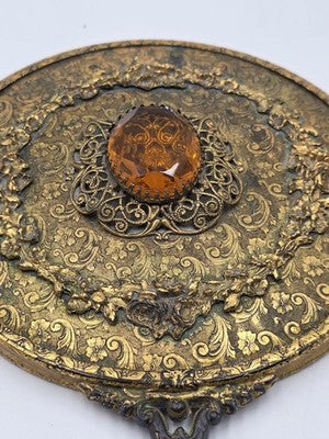 Antique Ornate Gilt Ormolu Vanity Set Amber Glass Jewelry Casket Mirror Brush