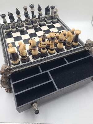 Rare Vintage Large Renaissance Style Resin Chess Set w Drawer Medieval Board 16”