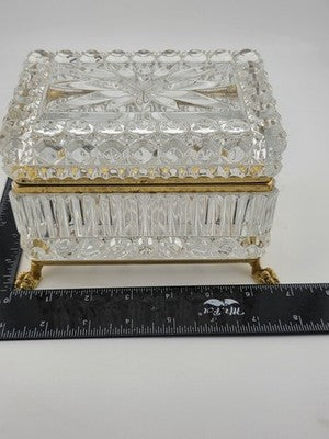 French Baccarat Style Jewelry Casket Footed Box Heavy Crystal Glass Hinged Lid