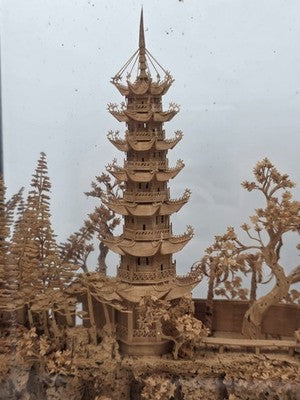 Large Scale Antique Chinese Carved Cork Diorama in Ebonised Glass Display Case