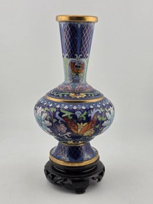 Rare Vintage Chinese Cloisonne Enamel Butterfly Floral Vase w Wood Stand Blue