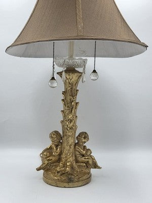 Antique Large Solid Brass Cherub Putti Table Lamp Hollywood Regency Gold. Works