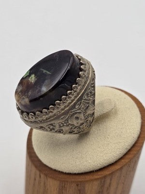 Antique Handcrafted Men Sterling Silver 925 Natural Dark Aqeeq Agate Ring Sz 9.