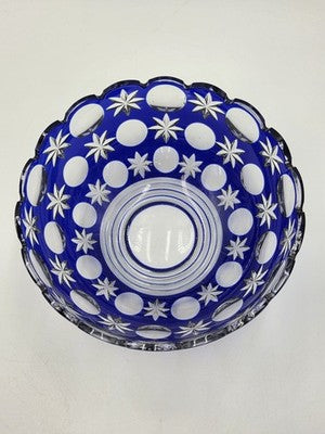 Rare Vintage Bohemian Hand Cut Crystal Glass Blue to Clear bowl SIGNED 8.75”