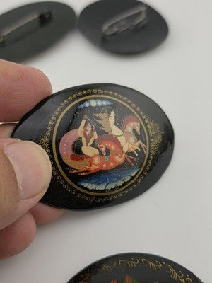 Rare Set Of 5 Vintage Hand Painted Brooch Pins Black Lacquer Russian Folk Art