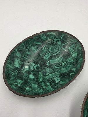Beautiful Pair Of Antique MCM Malachite & Brass Round And Oval Trinkett Dishes.