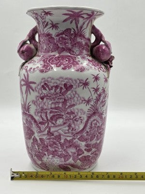 Vintage Chinese Porcelain Pink Chinoiserie Vase w Pommegranate Flowered Handles