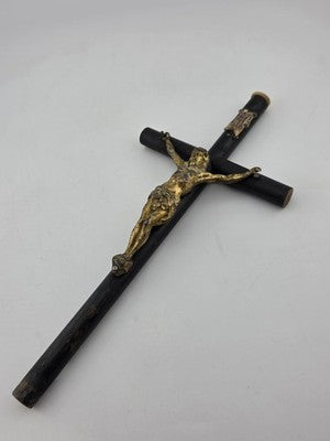 Rare Antique 19th C Crucifix Metal Jesus On Wood Cross W Rare Tips Memento.