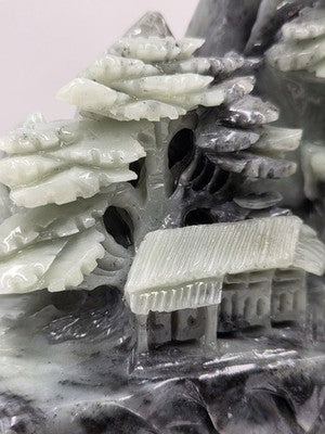 Vtg 11" Old Chinese Dushan Jade Carving Mountain Water Pine Tree Ship Sculpture