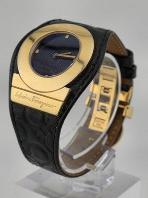 Salvatore Ferragamo Swiss Made Gold Plated Leather Watch Diamond Markers. Works.