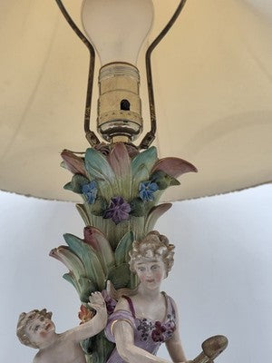 Rare Antique German Dresden Porcelain Figural Lamp Lady Cherub Swans 29"