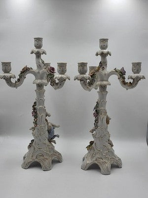 Rare 19th C Antique Pair Schierholz Dresden Porcelain Cherub Floral Candelabras