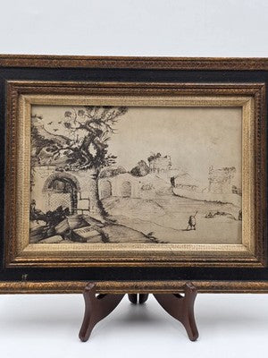 Rare Antique Framed Etching After Guercino "Ravine and Pool" Landscape Print