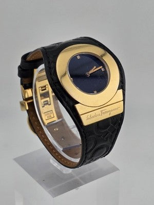 Salvatore Ferragamo Swiss Made Gold Plated Leather Watch Diamond Markers. Works.