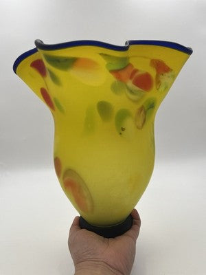 Azerbaijan Glassware Hand Blown Frosted Art Glass Vase Multicolor Wavy Rim Decor