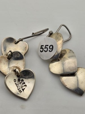 Rare Antique Taxco TR-60 Mexico Sterling Silver Triple Heart Earrings