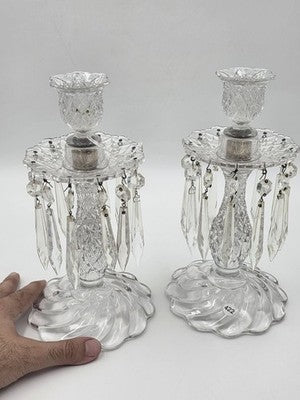 VINTAGE DUNCAN MILLER AMERICAN SANDWICH PAIR CANDLESTICKS W/BOBECHES AND PRISMS