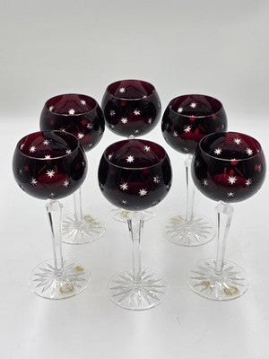 Set Of 6 Vintage Ajka Marsala Ruby Red Cut To Clear Crystal Hock Wine Glass