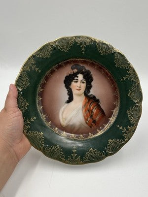 Rare Pair Of Antique 19th C Prussian Portrait Plate Green & gold Hand Painted