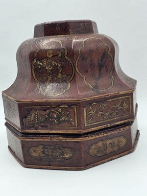 Early 19th C Chinese Qing Dynasty Red Lacquer Wedding Gift Basket Gilt Figures
