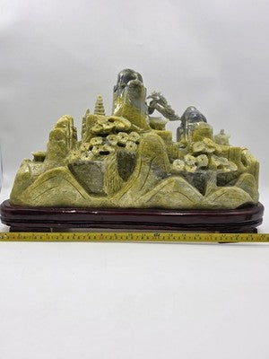 Huge 20.5" China Natural Yellow Green Xiu Jade Carved Mountain House Tree Statue