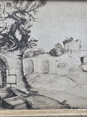 Rare Antique Framed Etching After Guercino "Ravine and Pool" Landscape Print