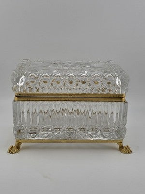 French Baccarat Style Jewelry Casket Footed Box Heavy Crystal Glass Hinged Lid