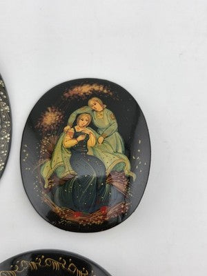 Rare Set Of 5 Vintage Hand Painted Brooch Pins Black Lacquer Russian Folk Art