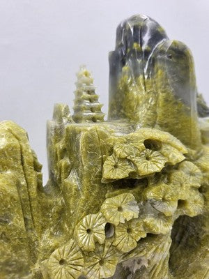 Huge 20.5" China Natural Yellow Green Xiu Jade Carved Mountain House Tree Statue