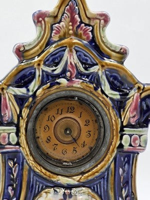 Rare Antique 19th C Porcelain Majelica Mantel Clock Hand Painted French. Read.