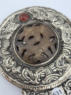 Rare Antique Chinese Ornate Jade and Silver  Carved Dragon Hand Mirror